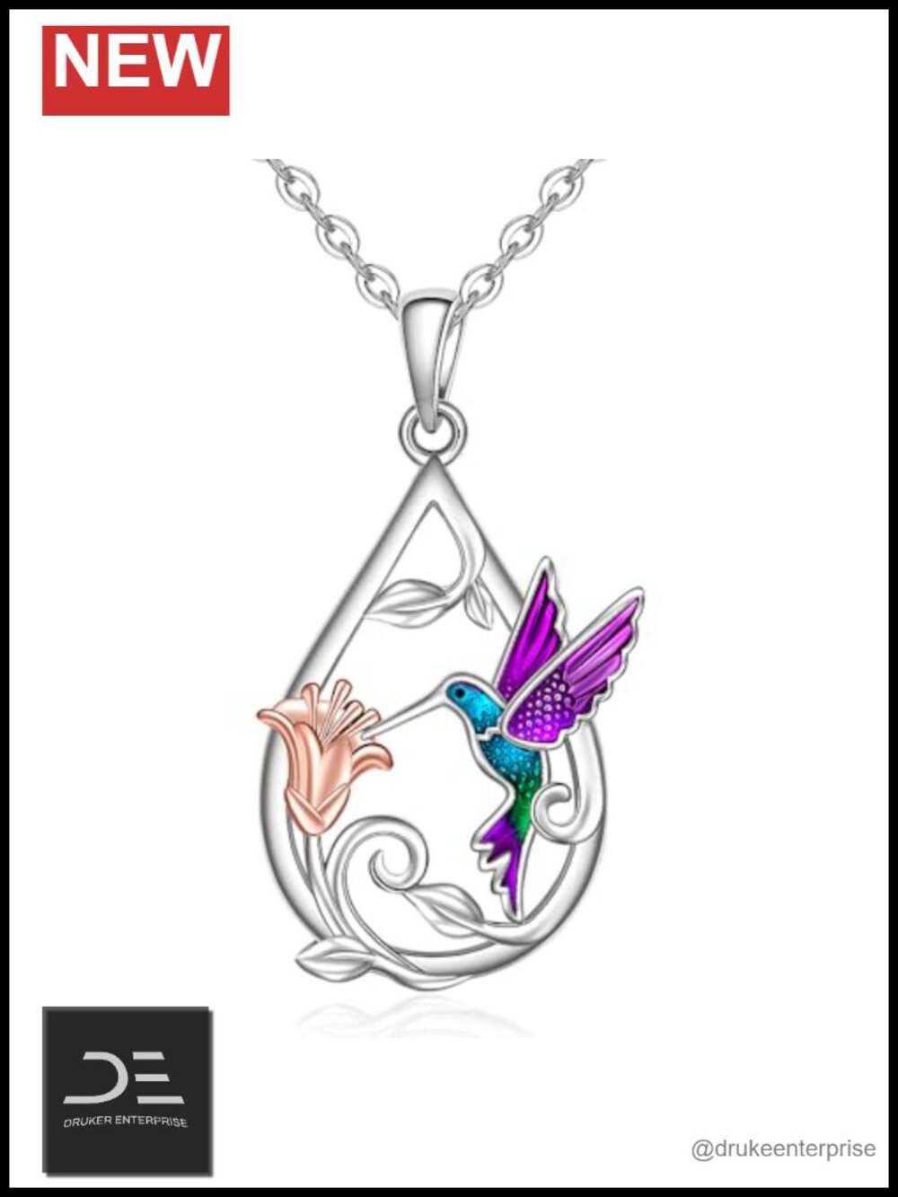 Sterling Silver Hummingbird Flower Pendant Necklace for Women 18in Chain